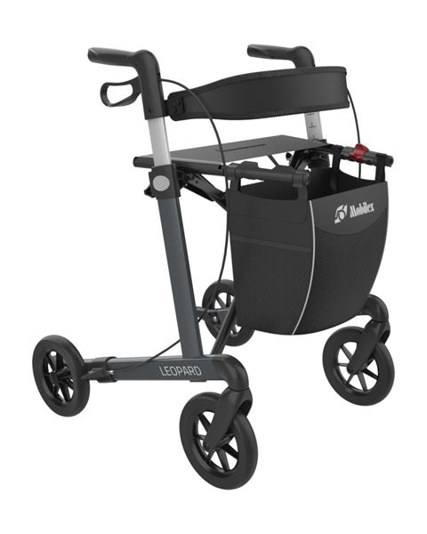 Load image into Gallery viewer, Leopard rollator, grå färg med mjuka hjul. Sidvy