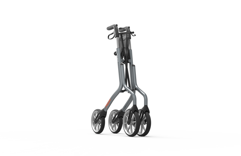 Load image into Gallery viewer, Grå Let’s Move rollator, ihopfälld. Tagen i sidvy.