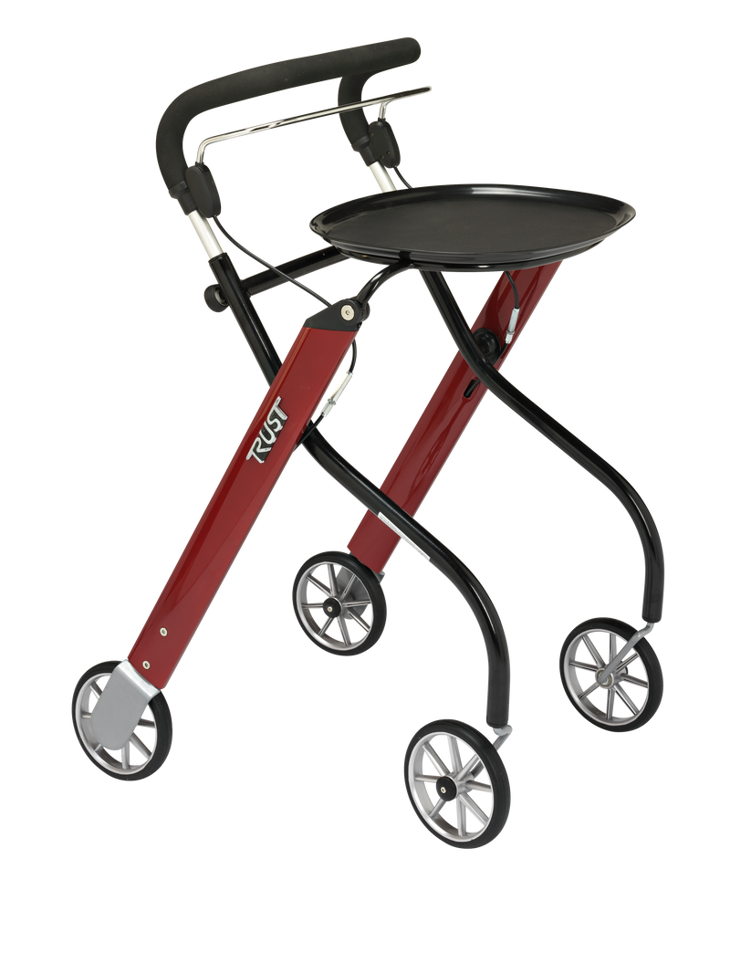 Load image into Gallery viewer, Röd Let’s Go rollator i sidvy, idealisk för inomhusbruk med avtagbar bricka, låsbara bromsar och justerbara handtag.