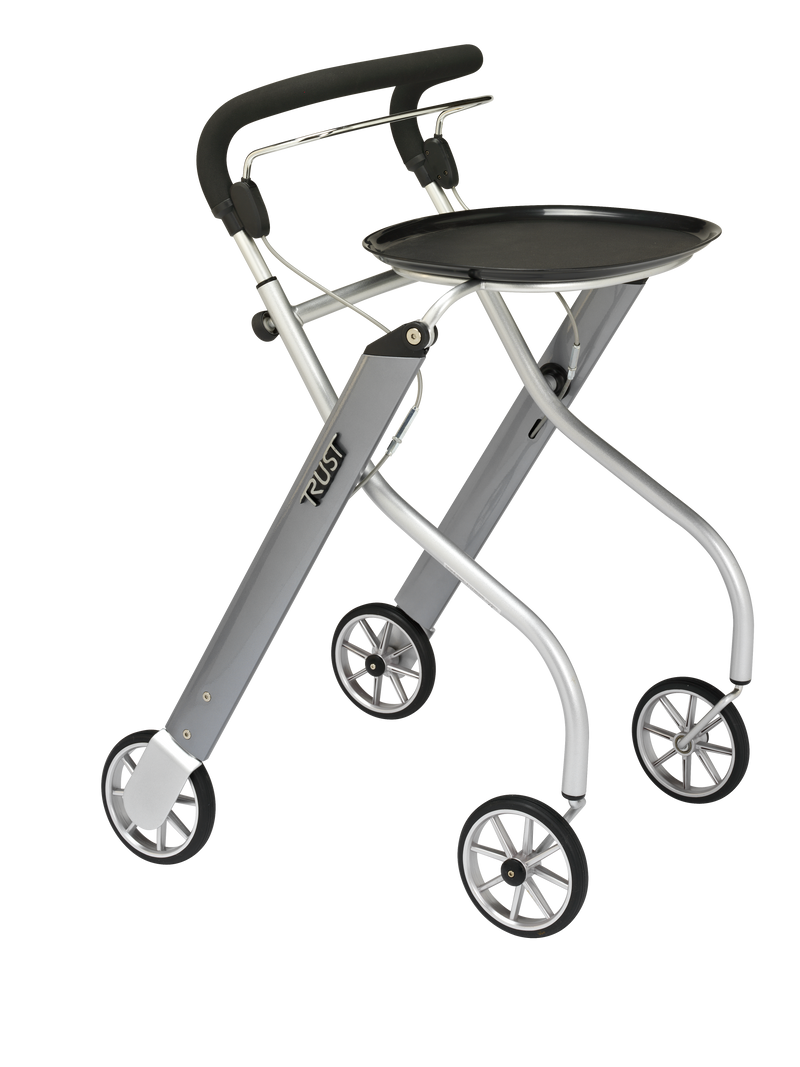 Load image into Gallery viewer, Silver Let’s Go rollator, med avtagbar bricka och låsbara bromsar. Ergonomiska justerbara handtag. Tagen i sidvy.