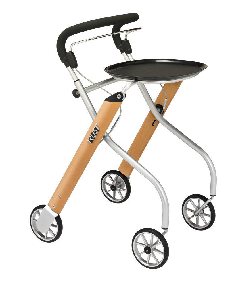 Load image into Gallery viewer, Let’s Go inomhusrollator i teakfärg, hopfällbar och smidig med avtagbar bricka och justerbara ergonomiska handtag. Bild tagen i sidvy.