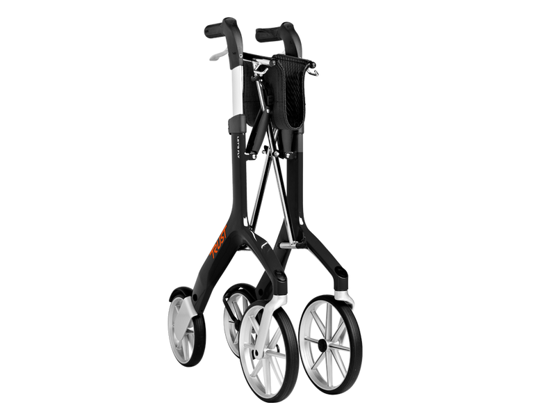 Load image into Gallery viewer, Hopfälld svart rollator. Framvy.