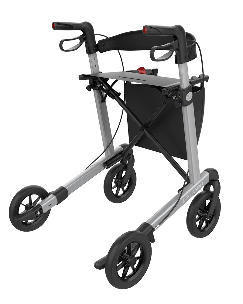 Load image into Gallery viewer, Leopard med silvervit färg, rollator, mjuka hjul. bakvy.