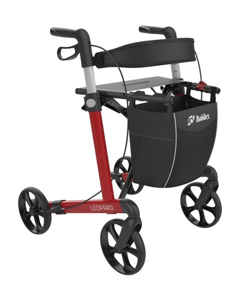 Load image into Gallery viewer, leopard rollator, röd färg, sidvy.
