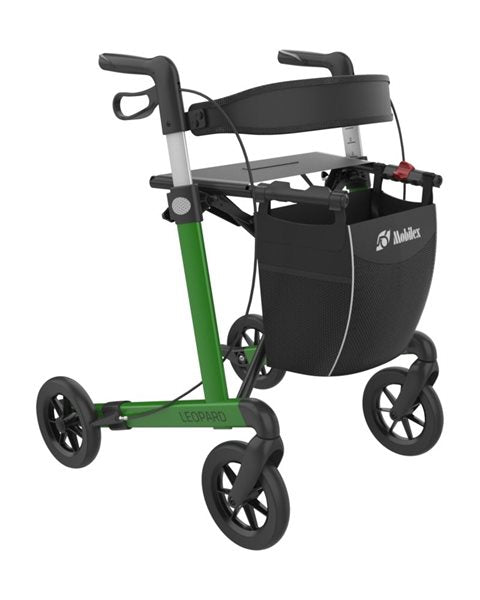 Load image into Gallery viewer, Leopard rollator, grön färg med mjuka hjul, sidvy.