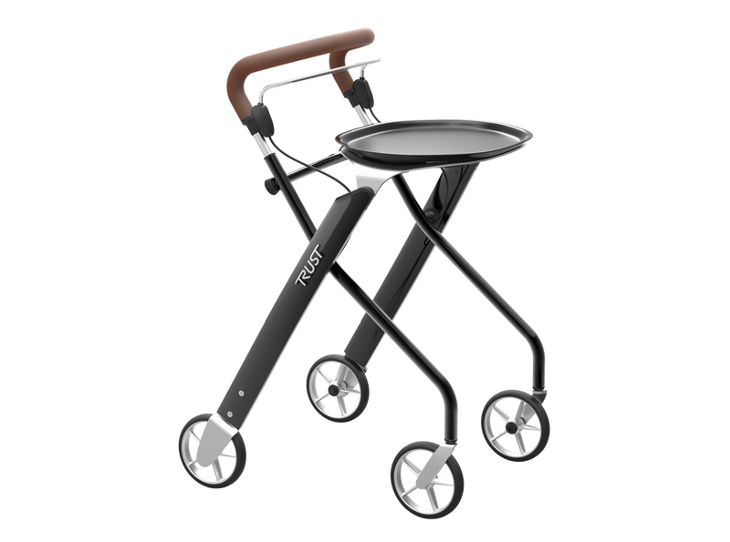 Load image into Gallery viewer, Svart Let’s Dream rollator, hopfällbar och smidig med avtagbar bricka, låsbara bromsar och justerbara handtag för inomhusbruk. Tagen från sidan.