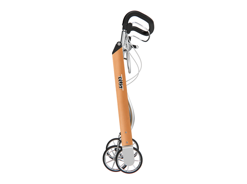 Load image into Gallery viewer, Röd Let’s Go rollator i teak färg. Ihopfälld.