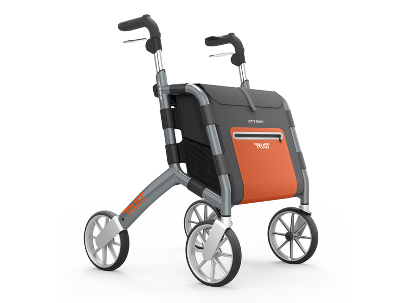 Load image into Gallery viewer, Grå Let’s Shop rollator från Trust Care, ihopfällbar med rymlig shoppingväska och ergonomisk sits.