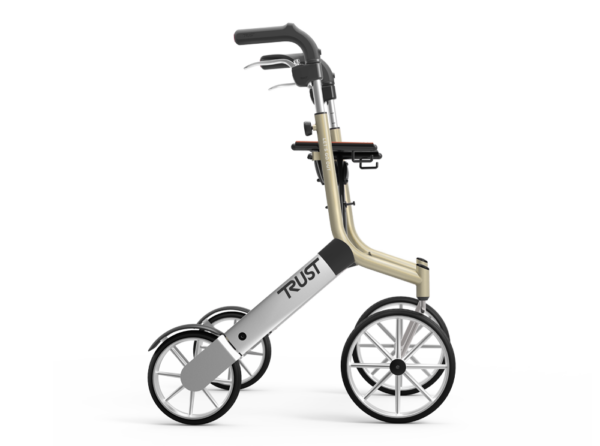 Load image into Gallery viewer, Silver/beige Let’s Go Out rollator från Trust Care i profil, med stänkskärmar och inbyggd fjädring.