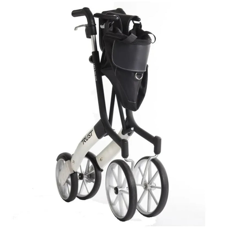 Load image into Gallery viewer, Svart/silver Let’s Go Out rollator från Trust Care, ihopfälld, tagen i sidvy.