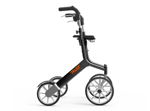Load image into Gallery viewer, Svart Let’s Go Out rollator från Trust Care i profil, med bekväm sits och stora hjul.