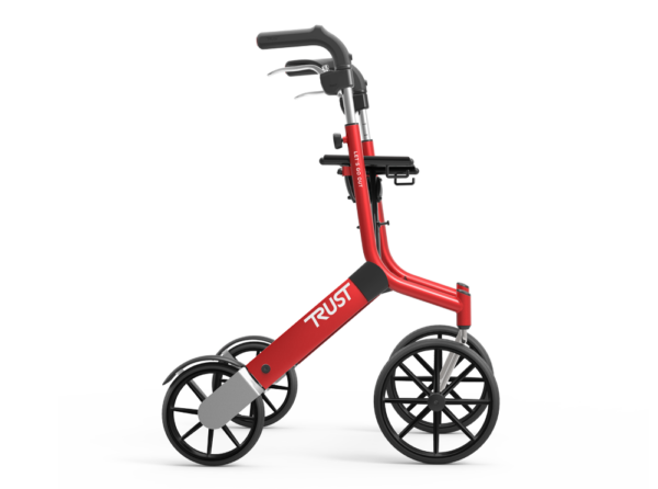 Load image into Gallery viewer, Röd Let’s Go Out rollator från Trust Care i profil, med stora hjul och lättviktsdesign.