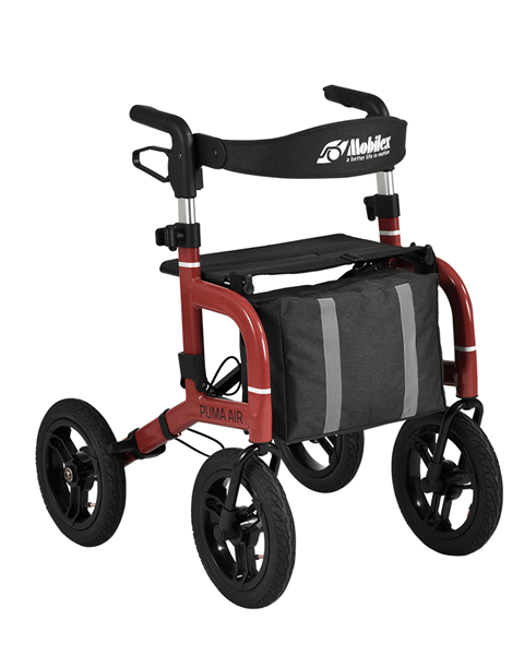 Load image into Gallery viewer, Mobilex Puma air i röd färg. Har väska. Är en offroad rollator. Bild tagen i sidvy.