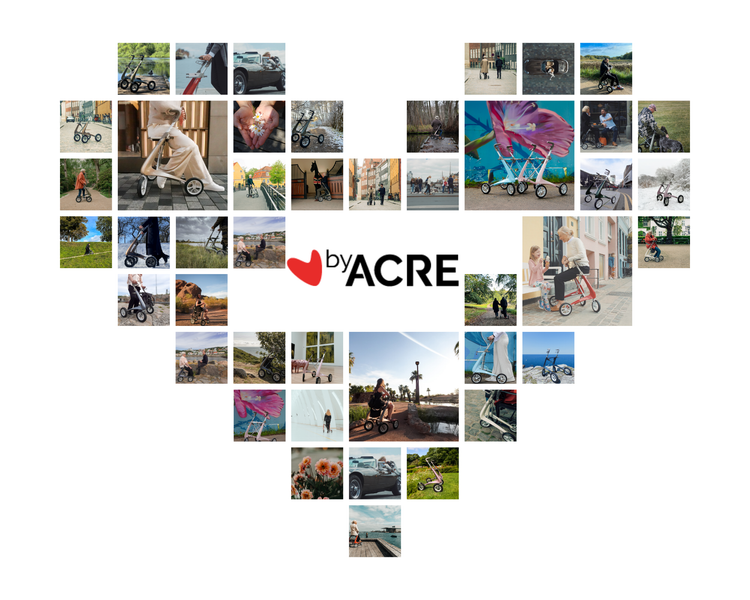 Banner bild. Är en massa små olika bilder på byACRE rollatorer i olika sammanhang som tillsammans bilder ett hjärta.