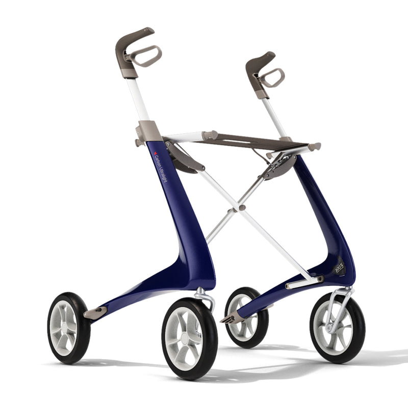 Load image into Gallery viewer, Blå byAcre Carbon Ultralight rollator, sedd från sidan. Den är känd för sin moderna stil och lätta kolfiberram.
