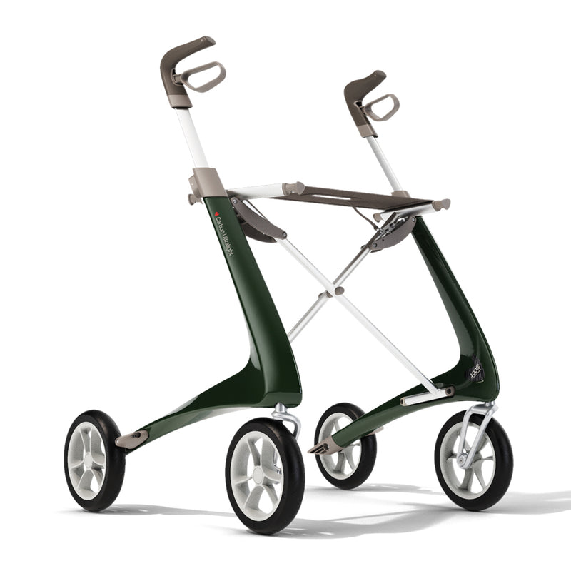 Load image into Gallery viewer, Grön byAcre Carbon Ultralight rollator, med en slimmad design i sidvy. Tillverkad i lättviktigt kolfiber för enkel manövrering.
