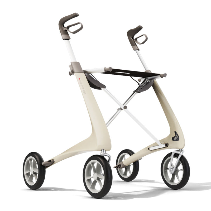 Load image into Gallery viewer, Vit byAcre Carbon Ultralight rollator, visad från sidan, kännetecknad av sin eleganta design tillverkad i kolfiber.
