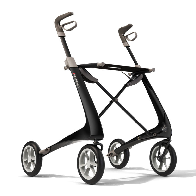 Load image into Gallery viewer, En svart Carbon Ultralight rollator från byAcre, sidovy. Den kombinerar modern estetik med lättviktig kolfiberteknologi.
