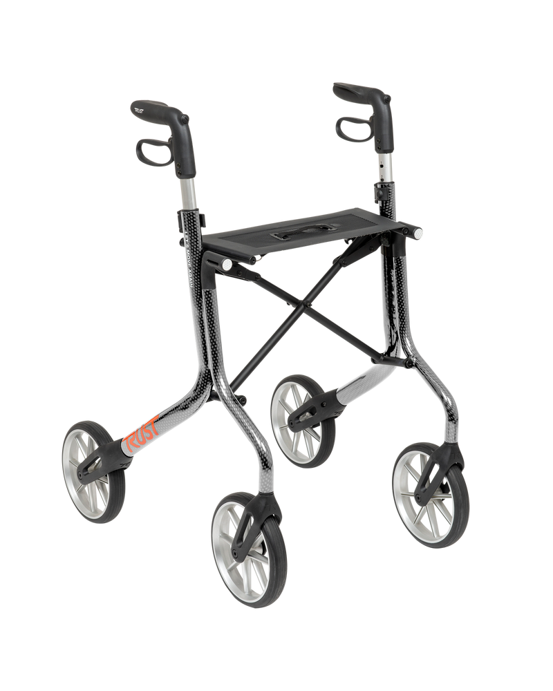 Load image into Gallery viewer, Svart/grå rollator i sidvy.

