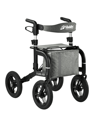 Mobilex Puma Air. Svart offroad rollator. Bild tagen i sidvy.