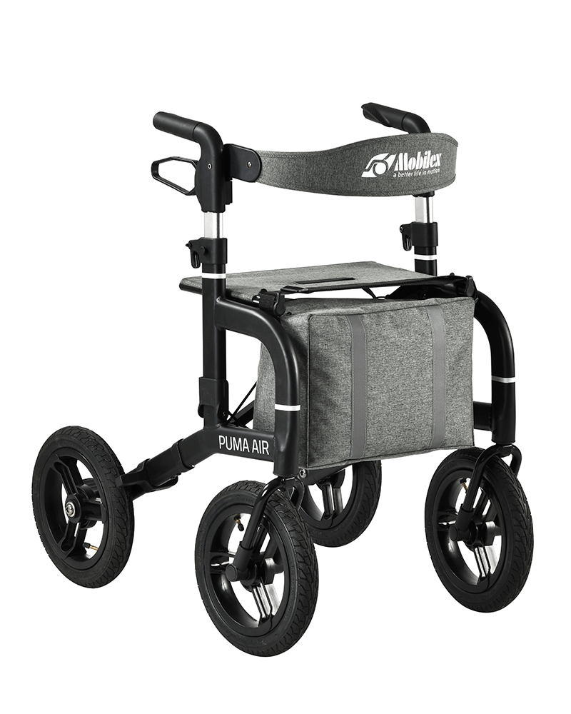 Load image into Gallery viewer, Mobilex Puma Air. Svart offroad rollator. Bild tagen i sidvy.
